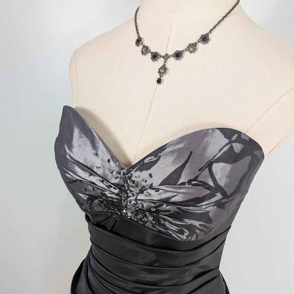 Y2K Alyce Prom Dress Maxi Gown 8 Gray Black Mermaid Corset Strapless Floral Vtg - Picture 9 of 14
